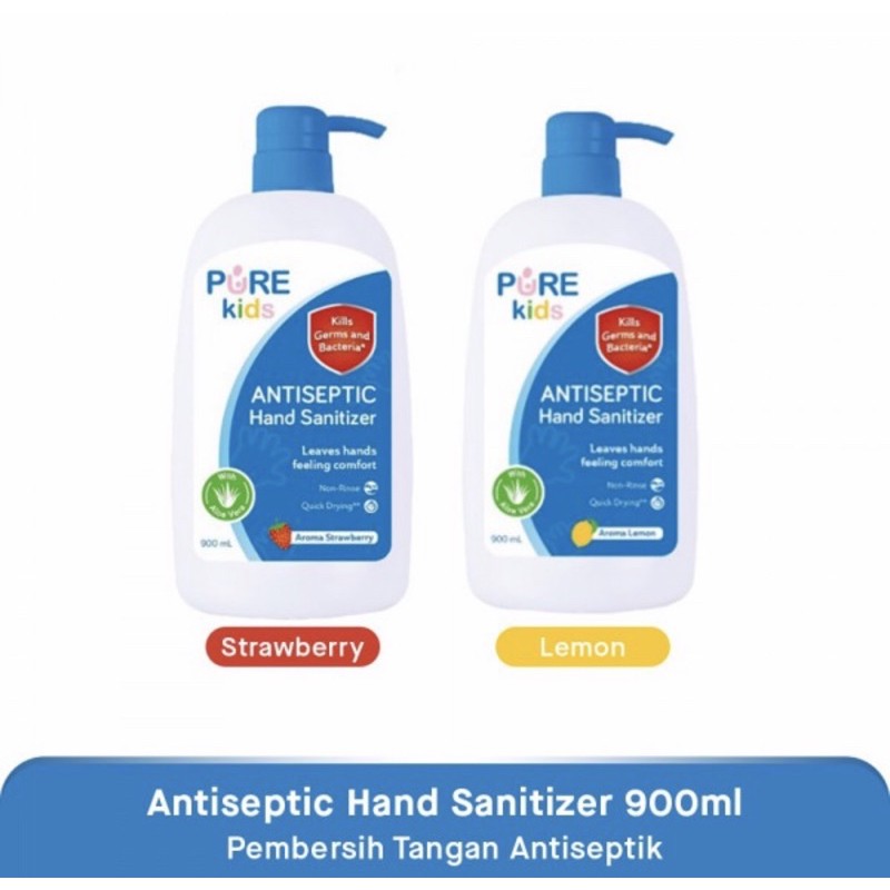 Pure kids antiseptic hand sanitizer pump with aloe vera 900 ml lemon &amp; strawberry