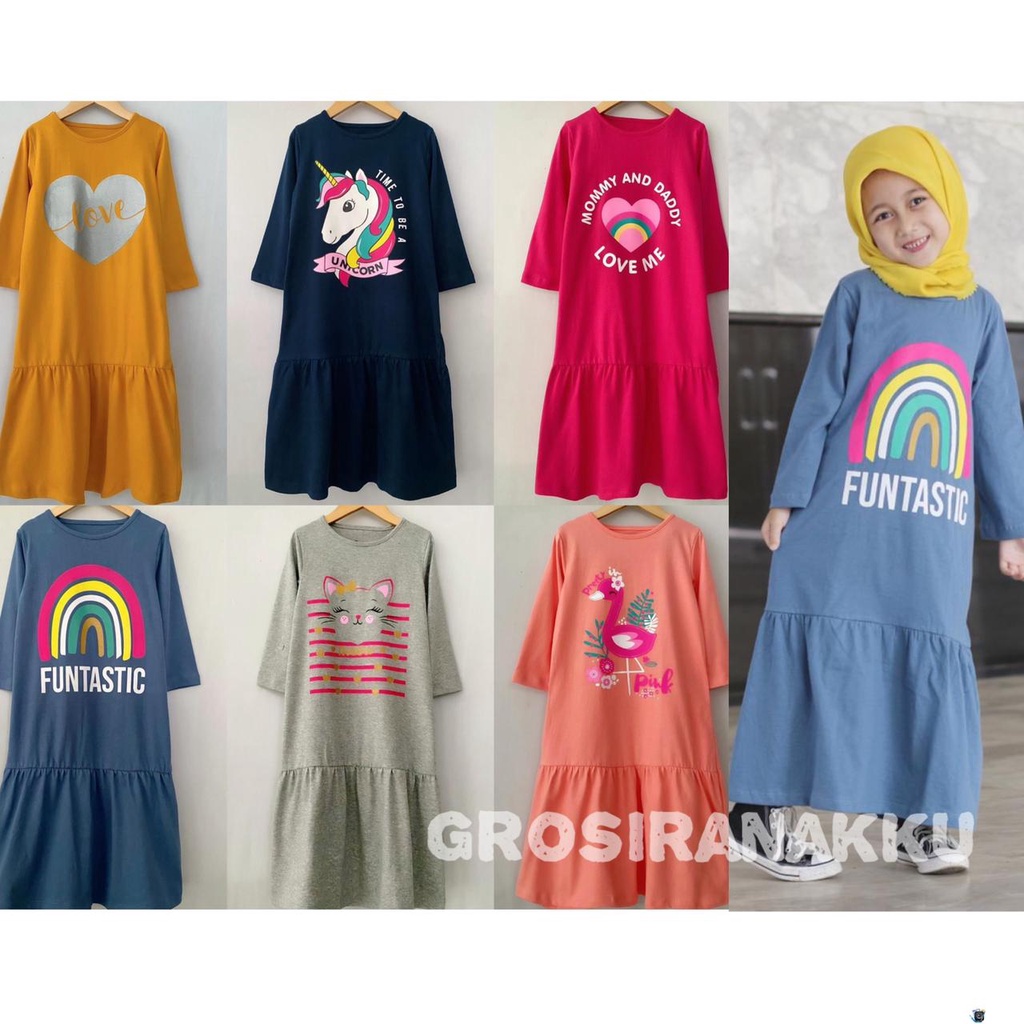 Baju Gamis Anak Perempuan Kaos Lala Mix Warna Size 2-8Thn Free Masker gamis anak perempuan terbaru i