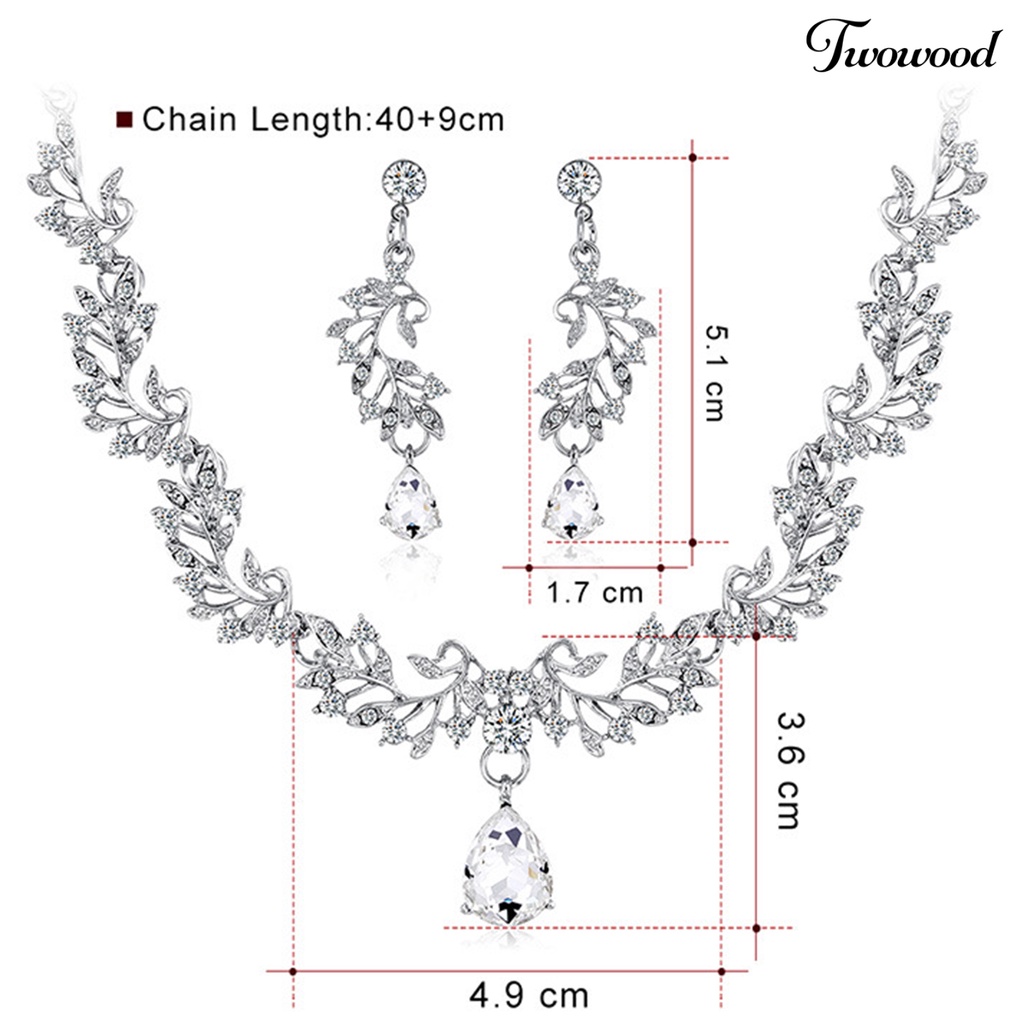 1 Set Perhiasan Kalung Anting Bentuk Daun Aksen Berlian Imitasi Adjustable Untuk Pernikahan