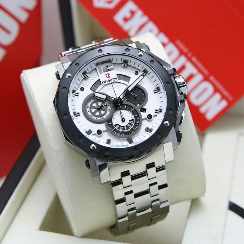 Jam Tangan Expedition Rantai E 6402 Pria / E6402 MC Black Silver White Original