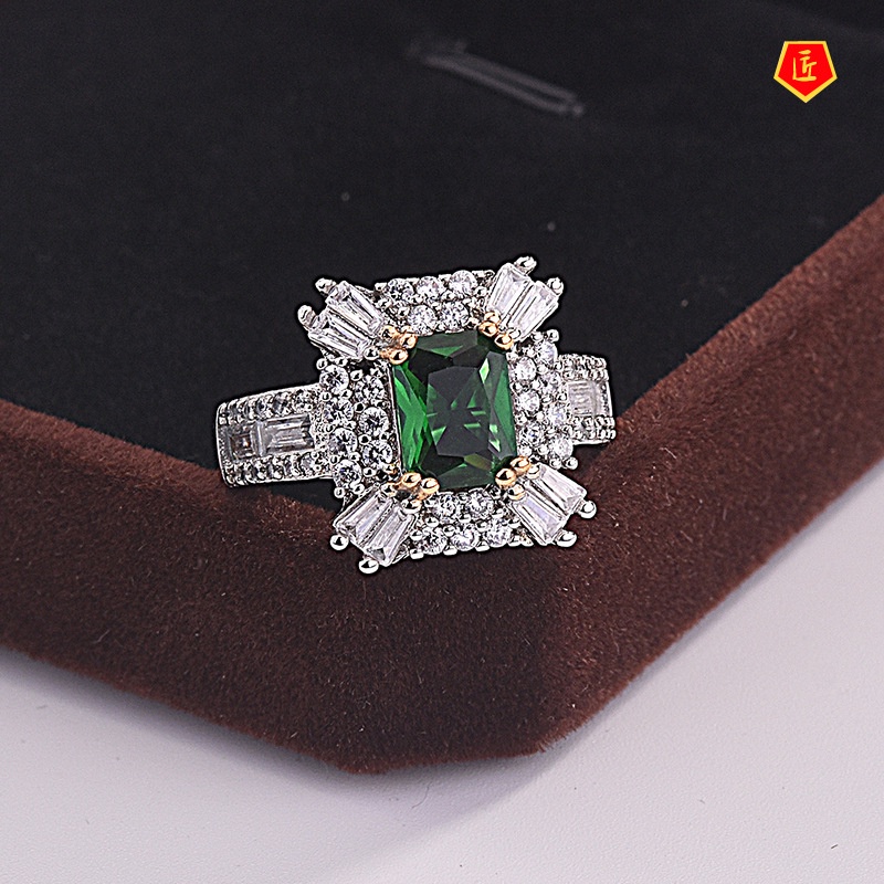 [Ready Stock]Inlaid Green Moissanite Square Ring Simple Fashion