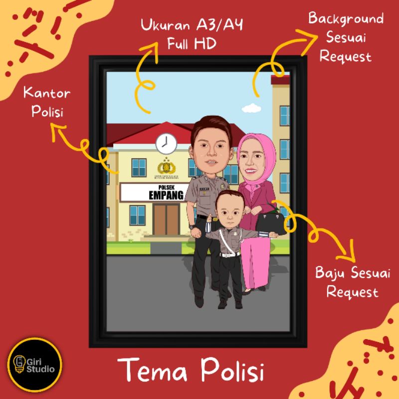 (ONLY SOFTFILE) Jasa Desain Karikatur Digital Tema Polisi | Kado Souvenir Hadiah Polisi