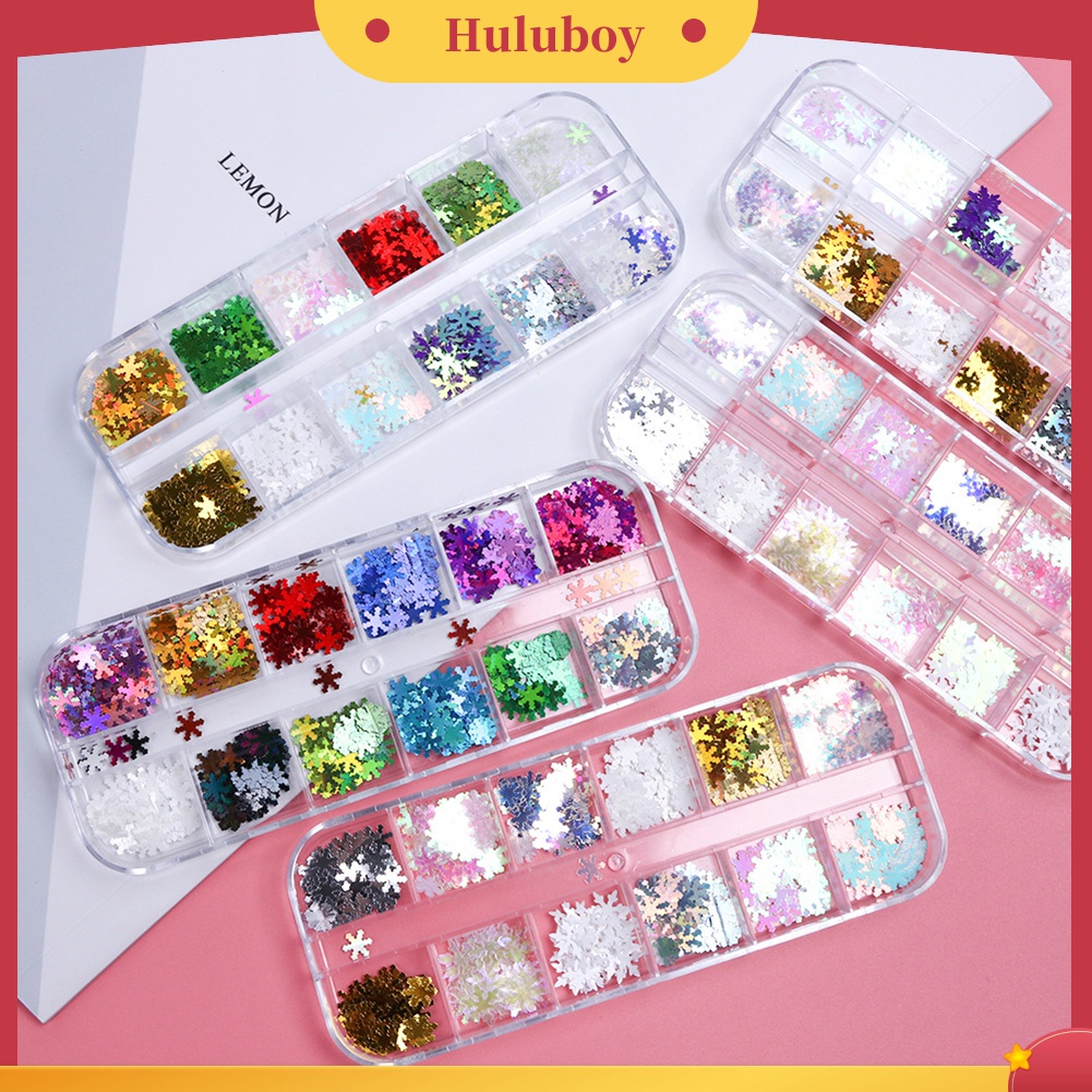Huluboy Huluboy♡ 12 Sekat Payet Glitter Snowflake 3D Multi Warna Untuk Dekorasi Nail Art