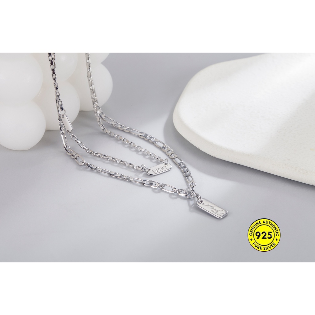 Kalung Rantai Klavikula Bahan S925 Silver Double Layer Dengan Liontin Persegi Tahan Air Anti Karat Untuk Wanita