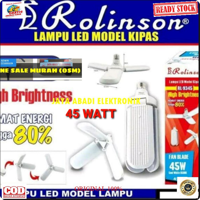 G490 ORIGINAL LAMPU LED KIPAS BOHLAM LAMP 45 watt wat PUTIH WHITE CAHAYA SUPER TERANG FAN BULB G490  SUPER AWET  SUPER TERANG  Spesifikasi : Tipe : Fan Blade LED Bulh Watt : 45 watt Fitting : E27 Fungsi : AC Voltase : 170-265V / 50Hz Fluks Cahaya : 3000 L