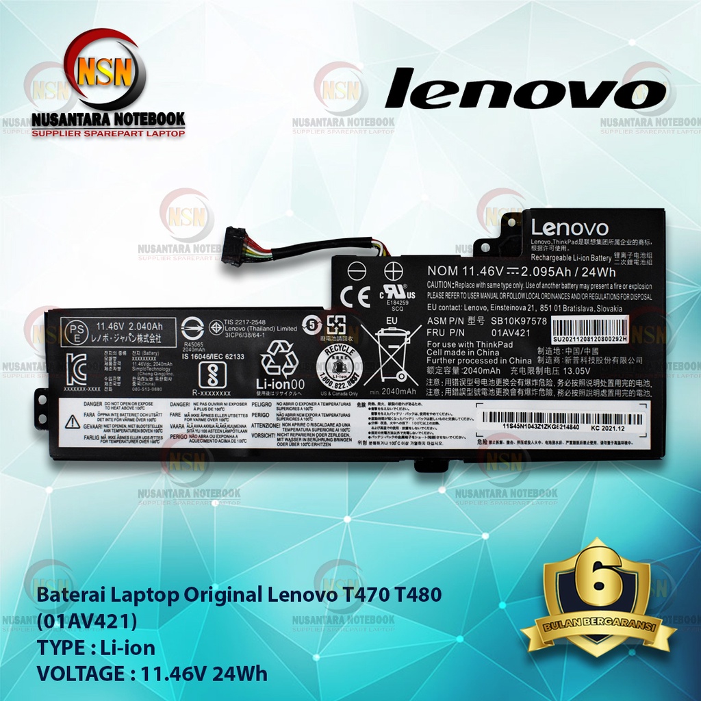 Baterai Original Laptop Lenovo T470 T480 (01AV421) 11.46V 24Wh