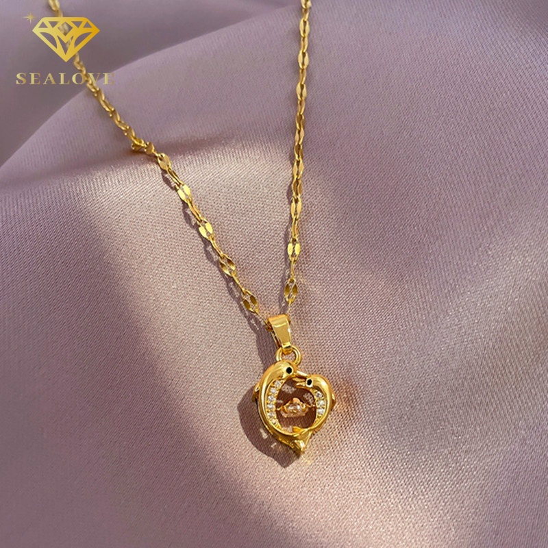 Wanita Titanium Kalung Anti-karat 18 k Emas Disepuh Cinta Dolphin Hadiah necklace grosir