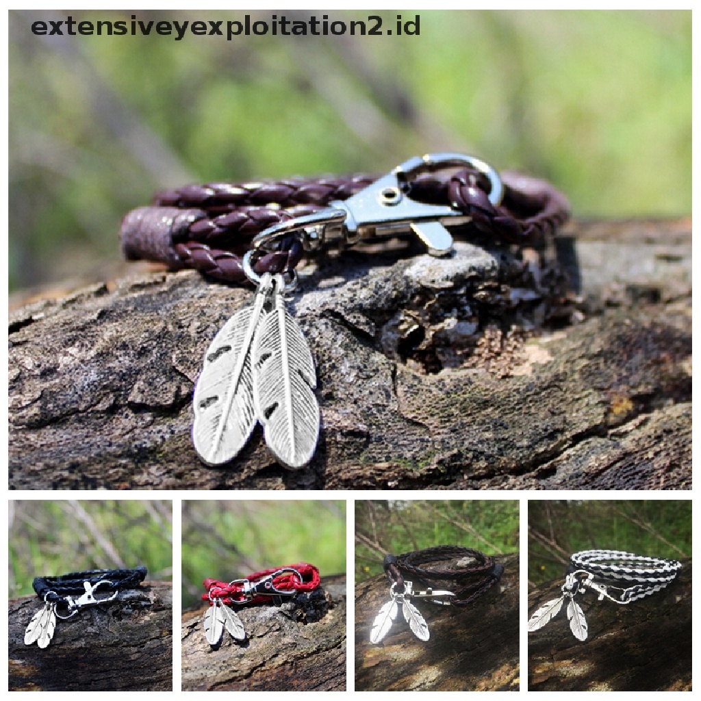 Id Gelang Kulit PU Liontin Bulu Untuk Pria