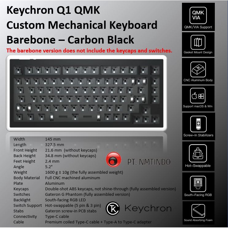 Keychron Q1 QMK 75% Custom Mechanical Keyboard - Barebone