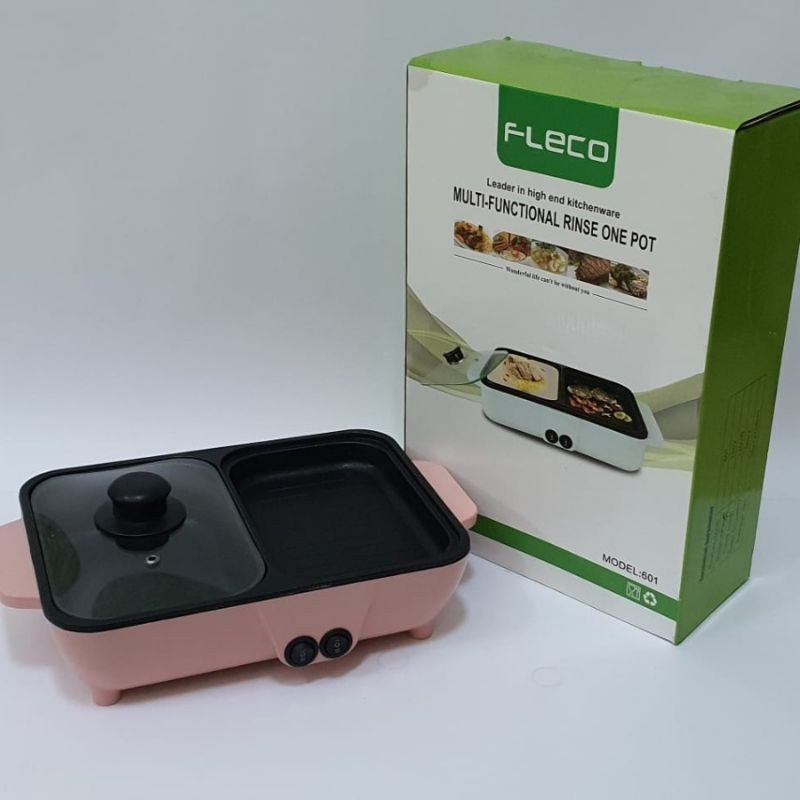 Panci Elektrik 2 In 1 Fleco 601 BBQ Dan Steamboat Peralatan Masak Mini Elektrik Baking Pot