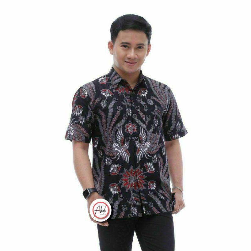 HEM BATIK PRIA DEWASA REMAJA BAJU BATIK LENGAN PENDEK MOTIF WARNA HITAM PUTIH MERAH UKURAN M L MURAH