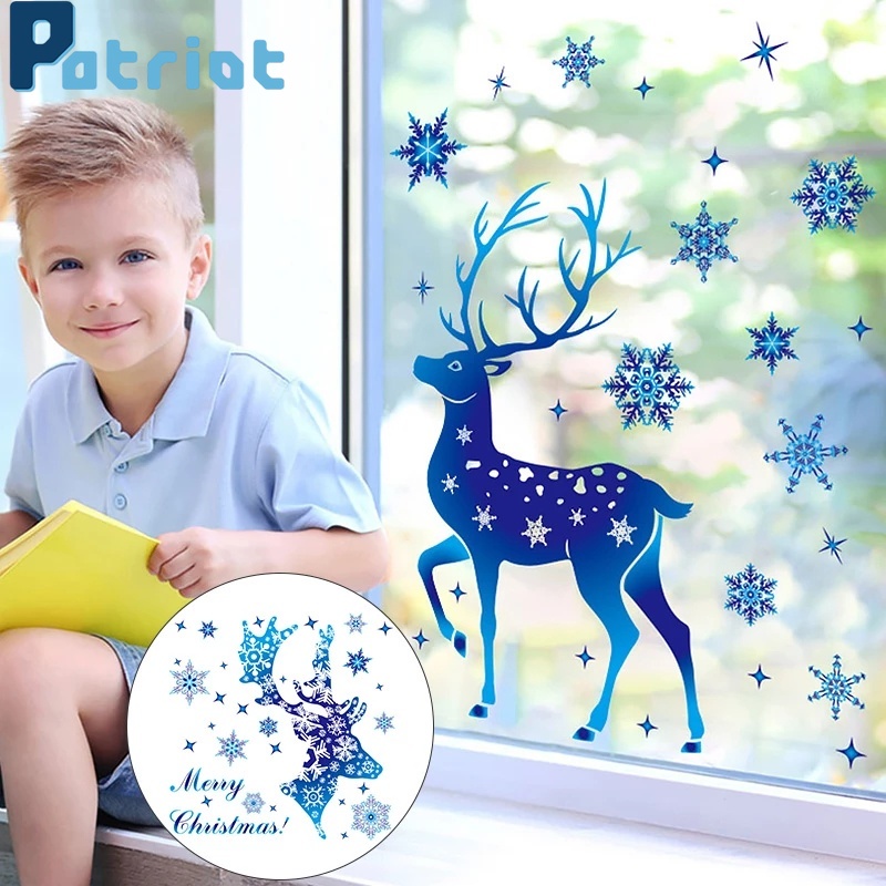 [ Christmas blue elk electrostatic Glass Window Sticker  Decoration for Home Living Room Bedroom ]