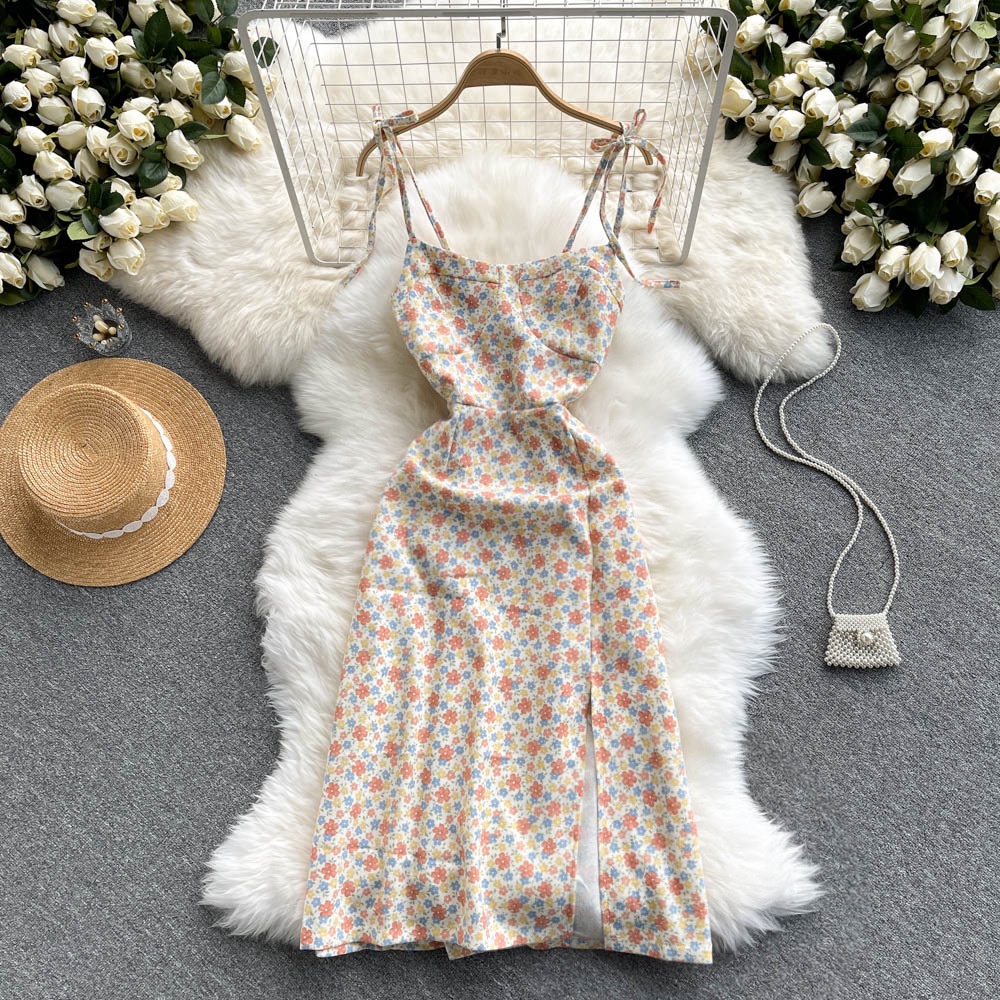 #Sisjuly# Wanita Floral Sling Dress Slim Pinggang Tipis Temperamen Mid-Length Backless Desain Gaun C