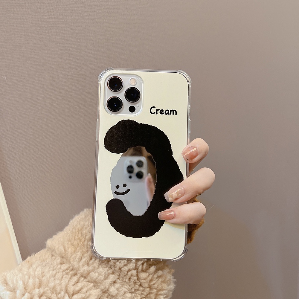 IPHONE Cream Smile Face Mirror Phone Case Penutup Belakang Tahan Guncangan Untuk Iphone7 8 PLUS X XR XS 11 12 13 14 MINI PRO MAX SE 2020