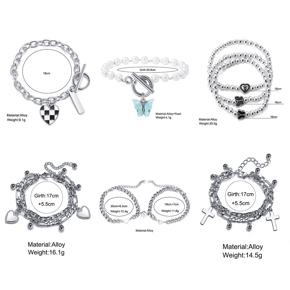 YEEZII Set Gelang Rantai Silver Hias Liontin / Hati / Kupu-Kupu /  Papan Catur Gaya Retro Untuk Wanita