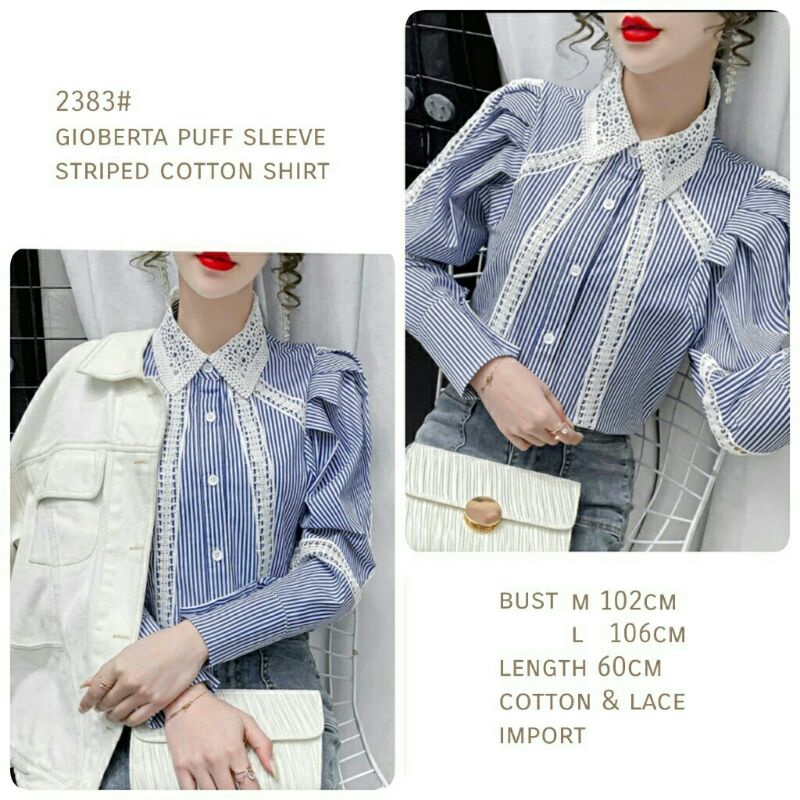 Atasan Top Blouse 2383 Gioberta Puff Sleeve Striped Cotton Lace Shirt Import
