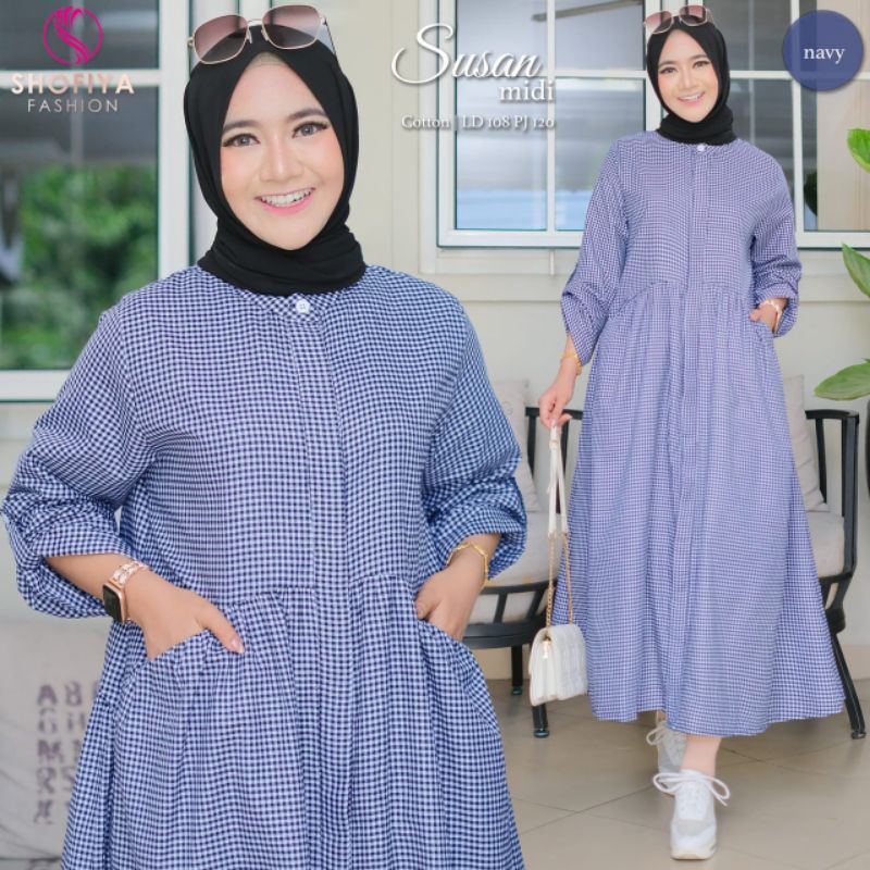 Susan Midi Dress Gamis Busui Motif Kotak Pakaian Busana Wanita Muslimah Islami Bagus Elegant Keren Kekinian Murah Berkualitas
