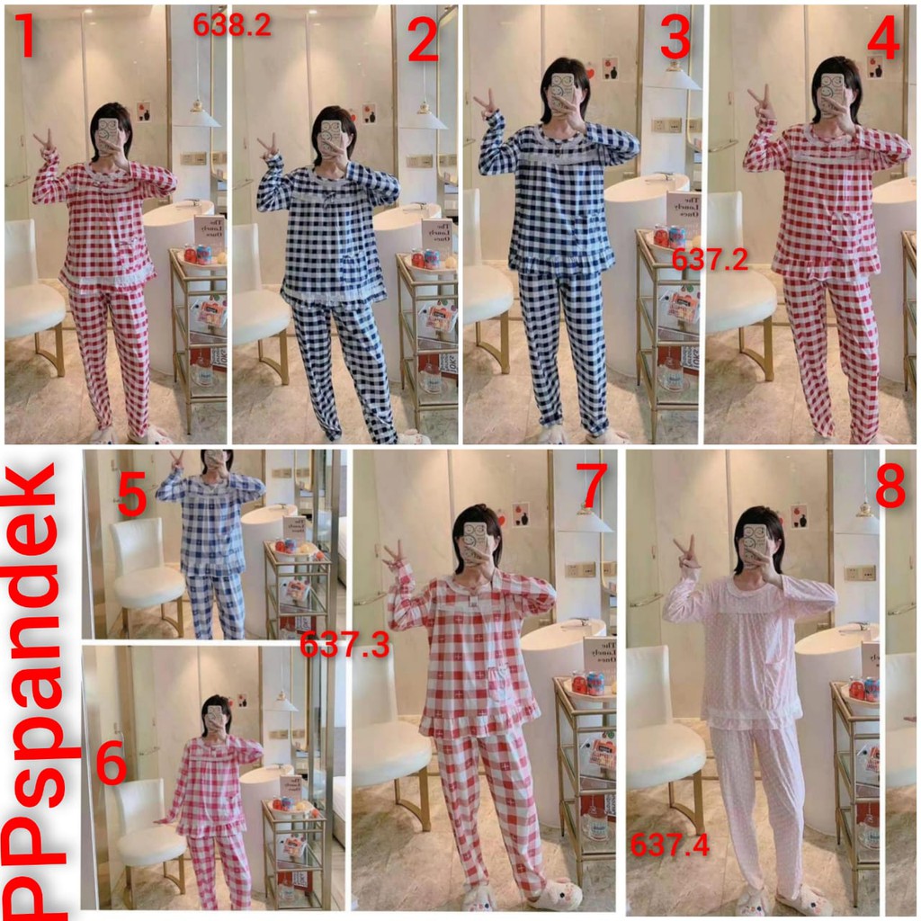 Baju tidur piyama bahan spandek import motif kotak renda lengan panjang celana panjang