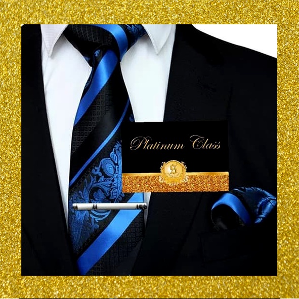 Dasi biru elektrik Batik Salur Pria Set penjepit dan sapu tangan Platinum Class