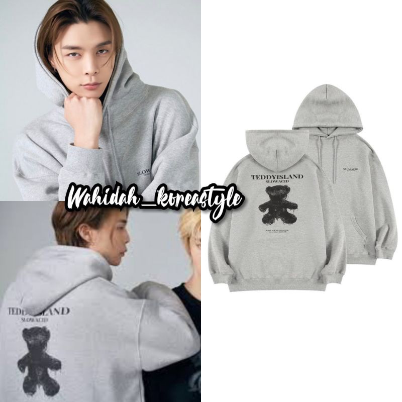 Jaket Hoodie Johnny NCT "Slowacid X TeddyIslandXSlowacid-Bear Black" Baju Idol K-Pop Fashion