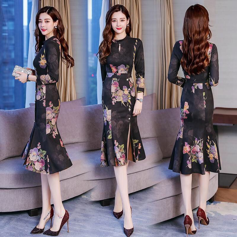 2022 new spring and autumn clothes improved cheongsam dress printed Hip Wrap Skirt slim fitting impe