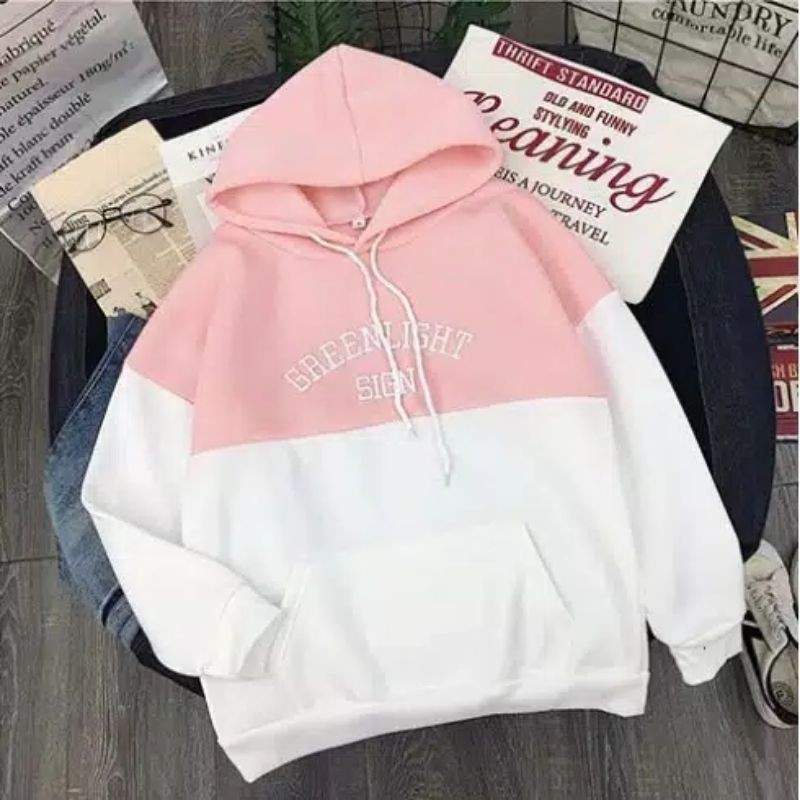 Lyfashionstore Sweater Hoodie Wanita Kantung Kombinasi GREENLIGHT SIGN-Pink-Putih