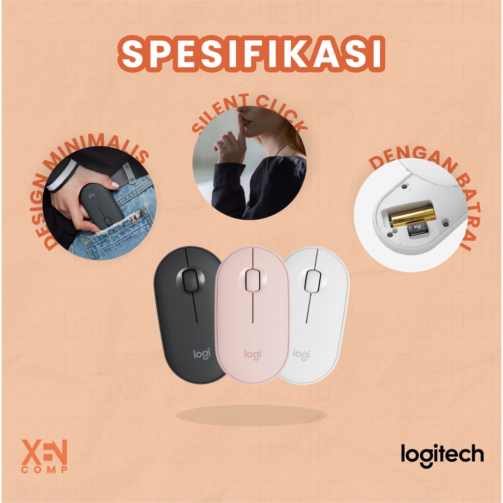 Mouse Wireless Bluetooth Logitech Pebble M350 Tanpa Kabel Optical Mouse Original Untuk Laptop Windows, Mac, Android, Chrome OS