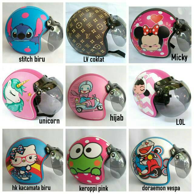 HELM BOGO Full Kulit Retro Klasik Motif Catch Me Minion Mickey Mouse Moo Sapi Pooh Panda Hijab