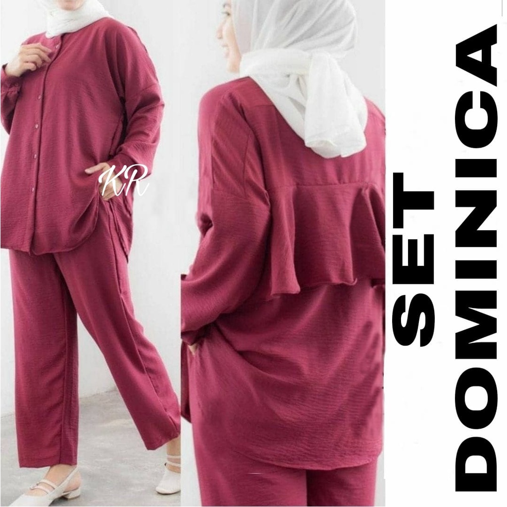 SET DOMINICA FASHION PAKAIAN WANITA SETELAN BAHAN MOSCREPE KR ADA VIDEO REAL PICT