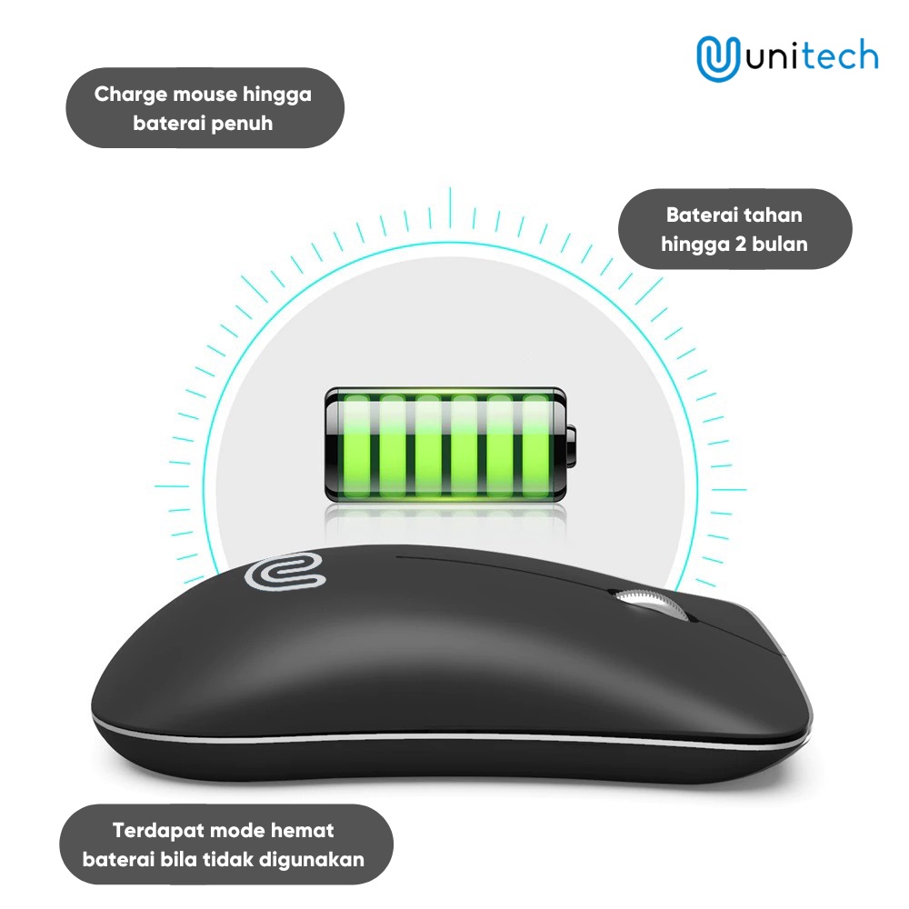 Mouse Wireless Slim Recharger Unitech P1 Silent Click Mode 2.4Ghz 1600 DPI &amp; Gratis Mousepad