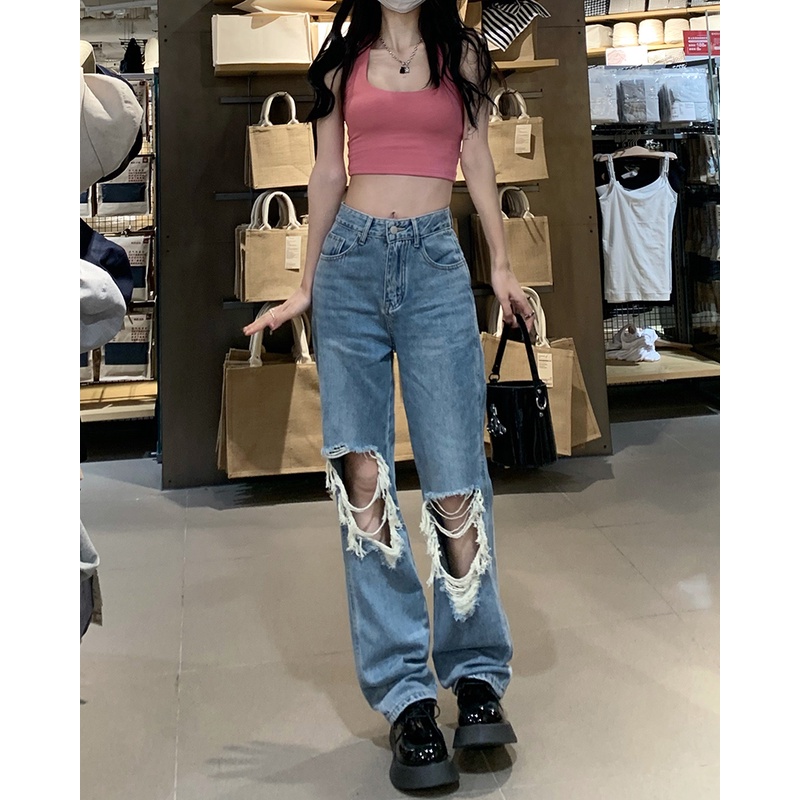 Gaya Korea Jeans Retro Jeans Wanita Pinggang Tinggi Slim Celana Lurus Musim Panas Longgar Lebar Kaki