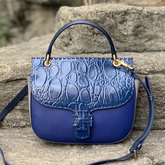 TORY BURCH MCGRAW SATCHEL EMBOSSED NAVY
