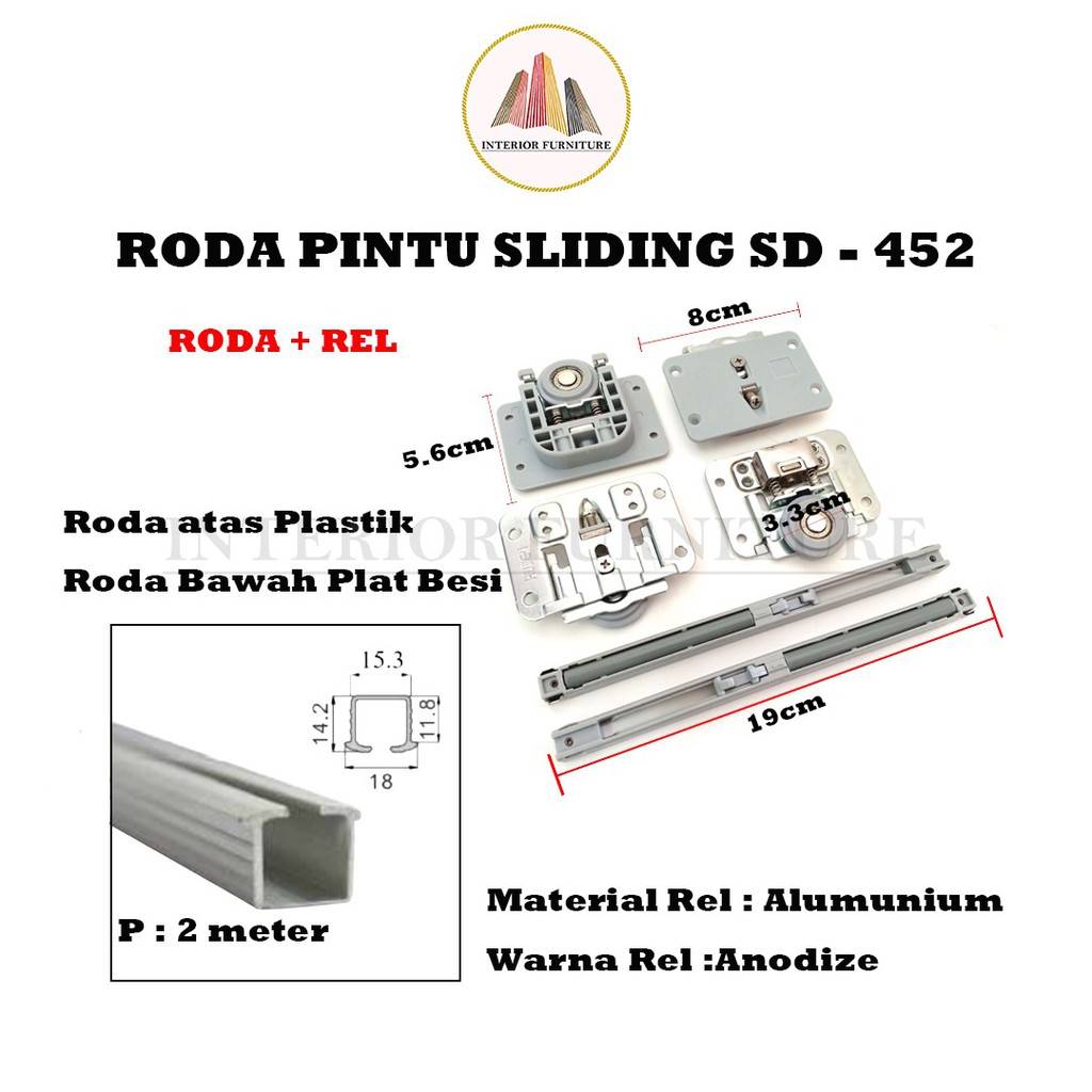 Rel Roda Sliding 452 Lemari Slow Motion Soft Closing Huben 2 Mtr (1 SET untuk 2 Pintu)