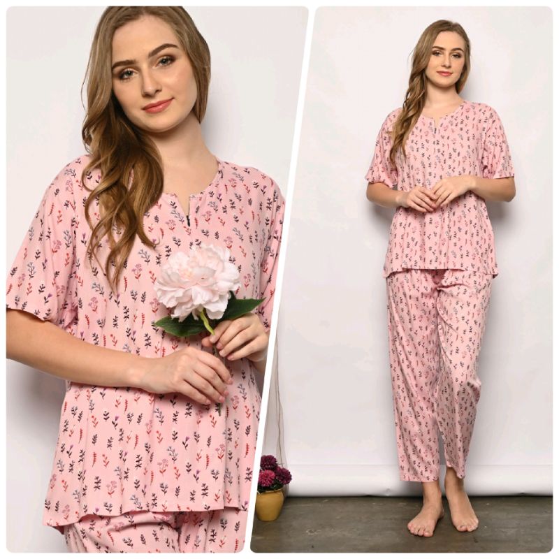 ONE SET PIYAMA RAYON STELAN CELANA PANJANG LENGAN PENDEK SLETING AKTIF-CPJ SLTG ANYA PINK
