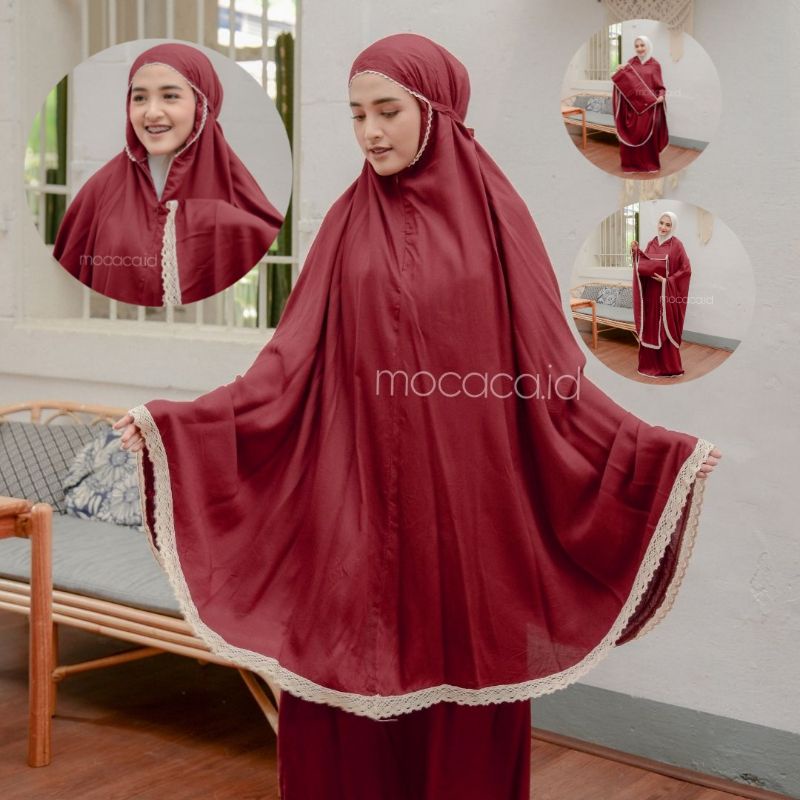 Mukena Dewasa Polos Merah Maroon Marun 3 in 1 Ponco Jumbo free pouch sajadah 2 in 1  travelling bahan katun rayon premium polos