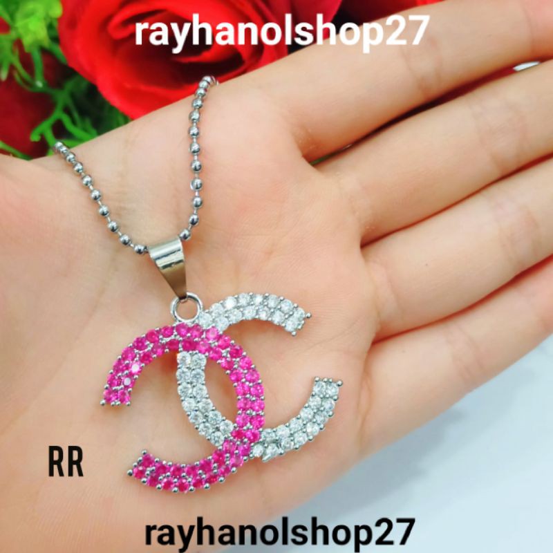 NEW!!!!TERBARU KALUNG WANITA DEWASA TITANIUM LIONTIN MOTIF CHENELL DOUBLE PERMATA LAPIS EMAS 22 K