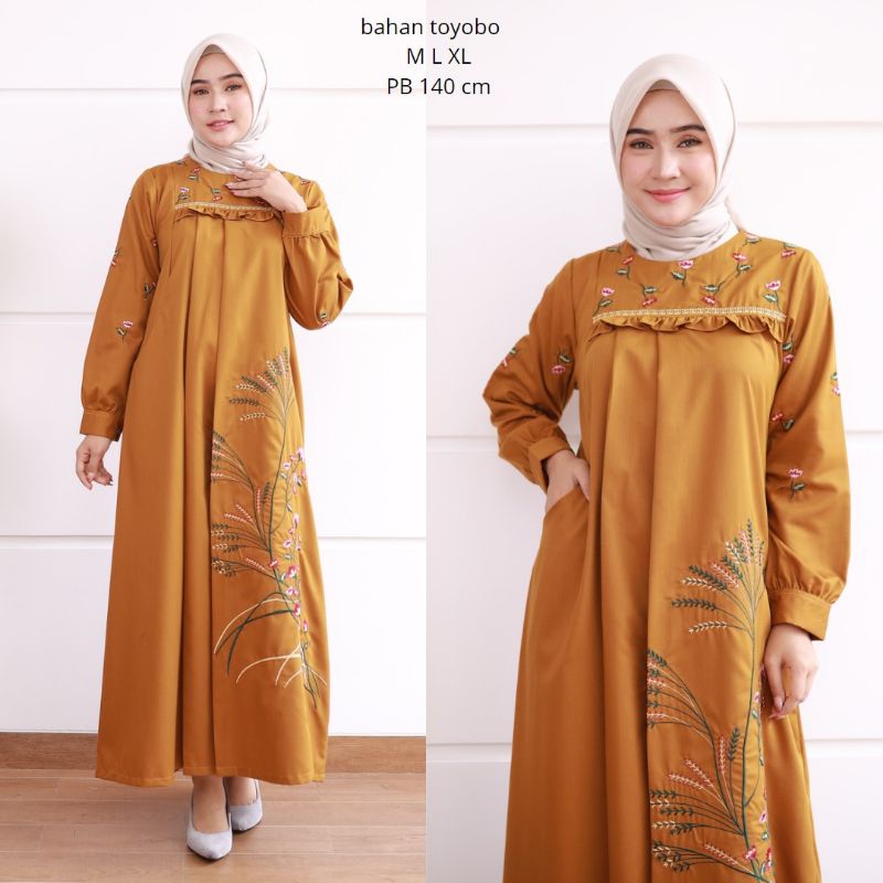 ZAJA - Baju Gamis Motif Bordir Bunga Padi Terbaru / Gamis Katun Toyobo Polos Bordir Mewah 2022 / Dress Muslim Katun Toyobo Bordir Kembang / Gamis Bordir Jumbo / Dress Big Size Bordir Cantik