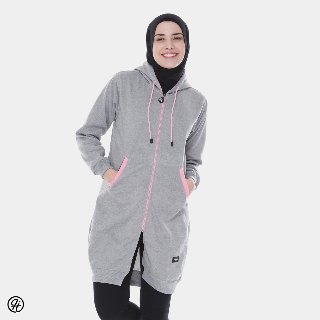HIJACKET BASIC GREY | HIJAKET JAKET HIJAB PANJANG WANITA MUSLIMAH SYAR'I-Abu-Pink