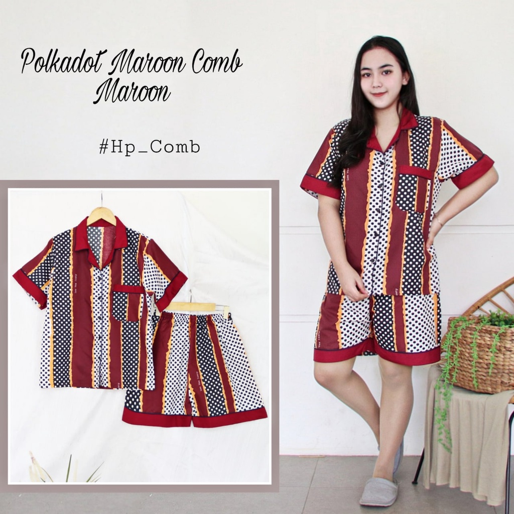 IZANY Piyama Dewasa Hotpant Combina Allsize / HP  Combina Saten Apple LD 100-POLKADOT MAROON 025