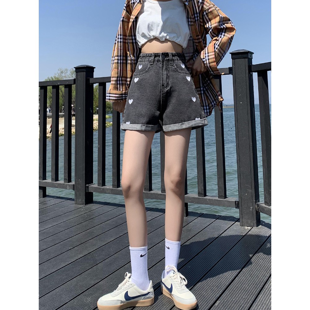 MAGCUN- Short Pants High waist Hot Pants Celana Pendek Jeans Wanita Korea Style Motif Bordir Love