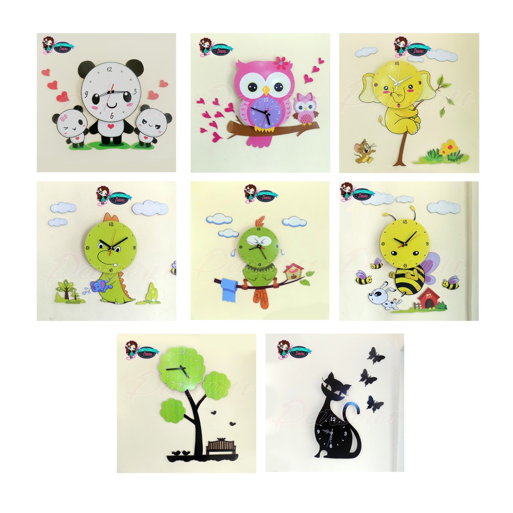 Jam dinding unik lucu - DIY wall clock kode Bee Owl Panda Tree Dino Bird Elephant