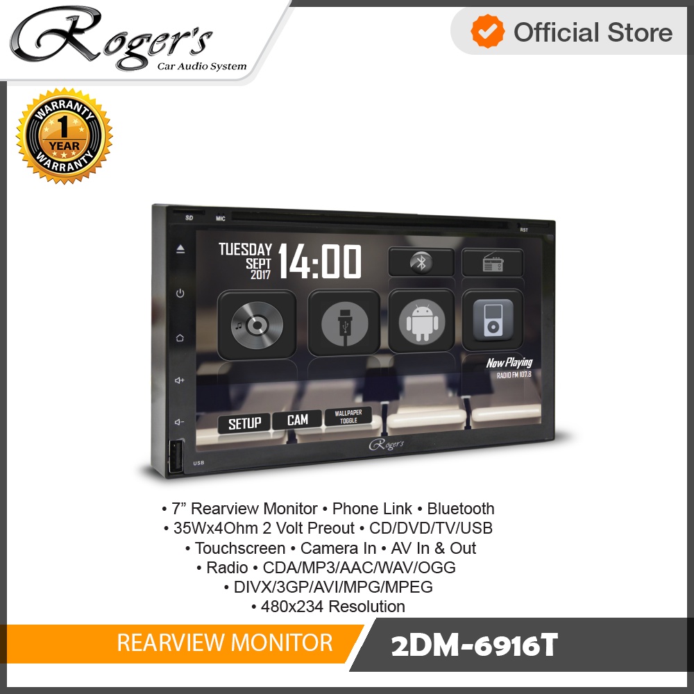 ROGERS - HEAD UNIT MOBIL DOUBLE DIN LAYAR 6,9 INCH - 2DM-6916VT - GARANSI RESMI 1 THN