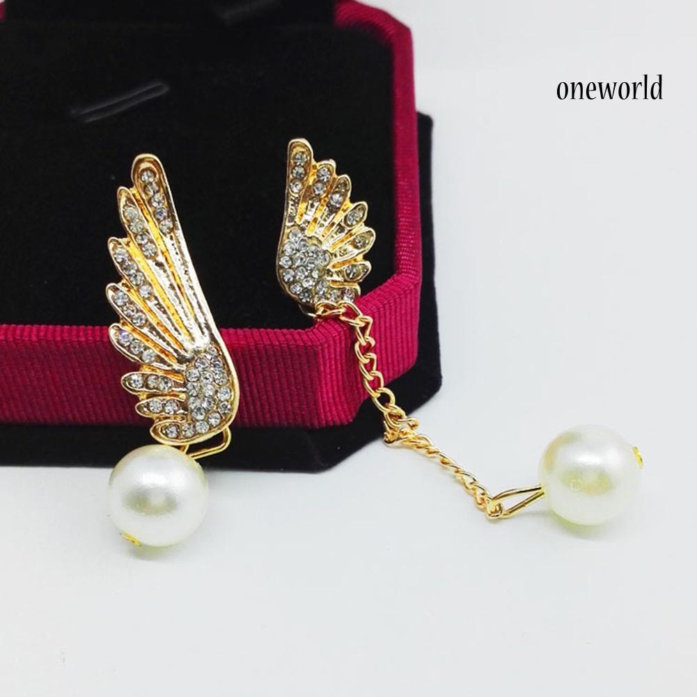 OW@ Asymmetric Rhinestone Inlaid Angel Wings Tassel Faux Pearl Women Stud Earrings