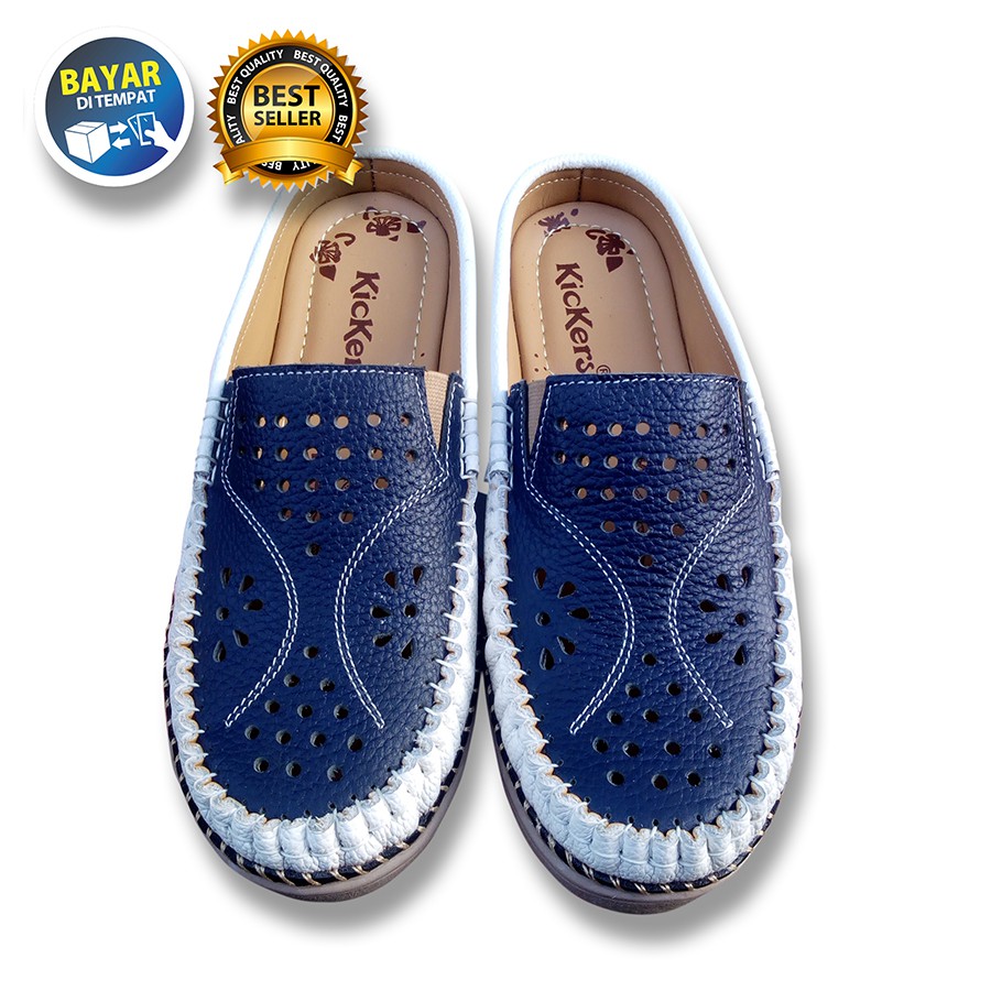 PROMO 4.4 MEGA SALE !! SEPATU WANITA DEWASA KULIT SAPI ASLI SLOP RAMPEL BIRU PUTIH / SAKIPO