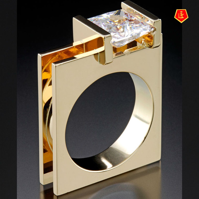 [Ready Stock]Creative Geometric Diamond Square Gold Ring