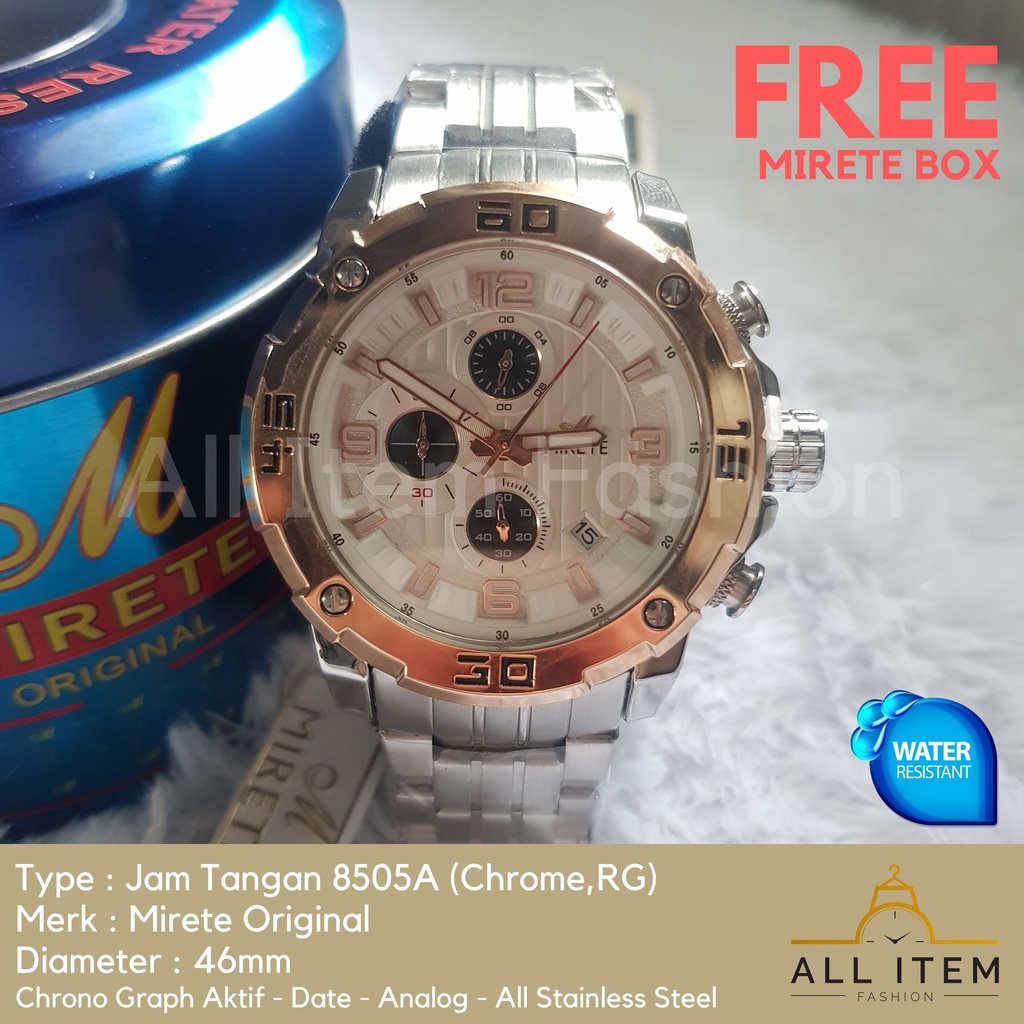 Jam Tangan Chrono Rantai MIRETE 8505A / Jam Tangan Pria Anti Air ORI /Arloji / Watches (FREE BOX)