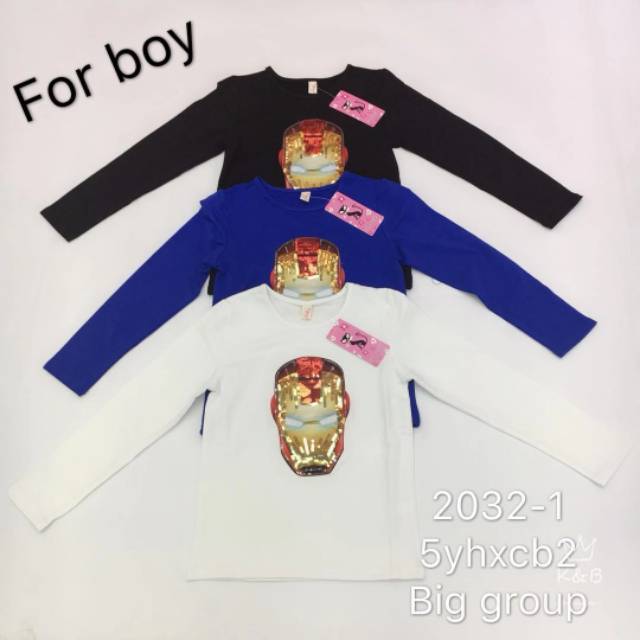Baju kaos lampu LED anak laki cowok lengan panjang ironman putihBiru hitamImport long sleeve t-shirt