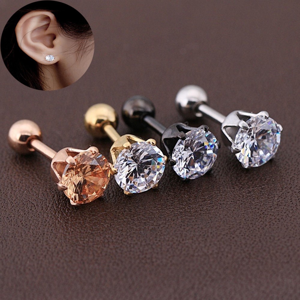 1pc Anting Stud Cubic Zirconia Bahan Titanium Steel Aneka Warna Untuk Unisex