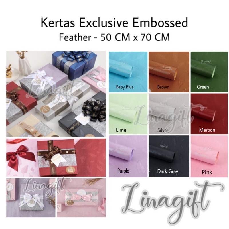 KERTAS EXCLUSIVE EMBOSSED FEATHER - GIFT WRAP PEARL PAPER / KERTAS KADO EXCLUSIVE DOFF TEXTURE 3D EMBOS TIMBUL GOLD PINK PURPLE NAVY BLUE BLACK GRAY SILVER RED MAROON TOSCA BLACK BUNGKUS HAMPERS LEBARAN SELAMAT IDUL FITRI EID MUBARAK HAPPY IDUL ADHA