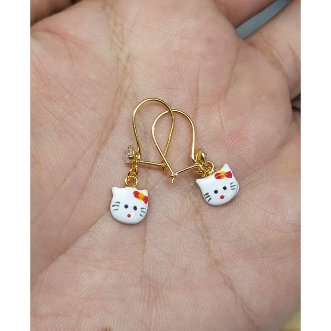 Anting Gantung Hello Kitty cat, Perak 925, Sepuh Emas Kuning